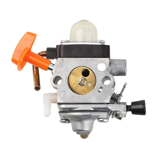 Carburetor with gold diaphragm cover, orange choke lever, and black fuel outlet
