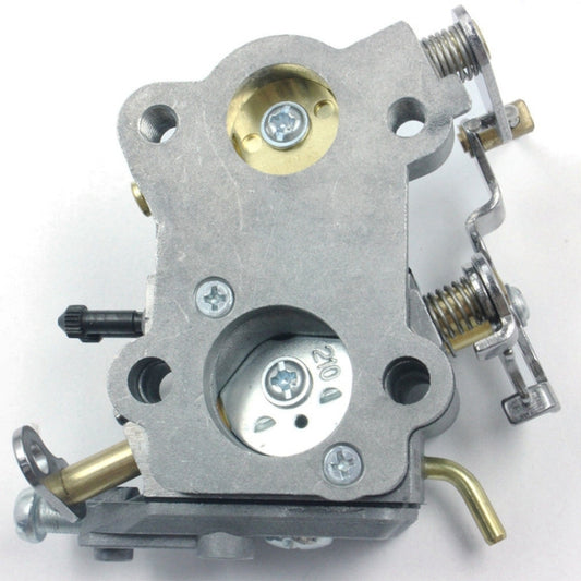 Chain saw carburetor accessory with silver diaphragm cover and gold inlet fittings