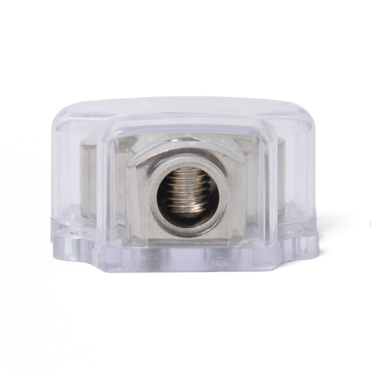 3-way power cable distribution block with central threaded inlet under clear plastic cover
