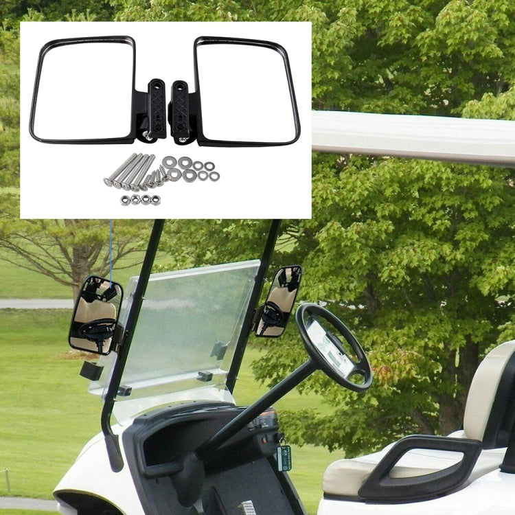 Side rear-view mirrors mounted on a golf cart with black mirror housings