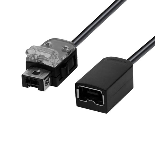 Game console handle extension cable with clear connector block and black plug ends