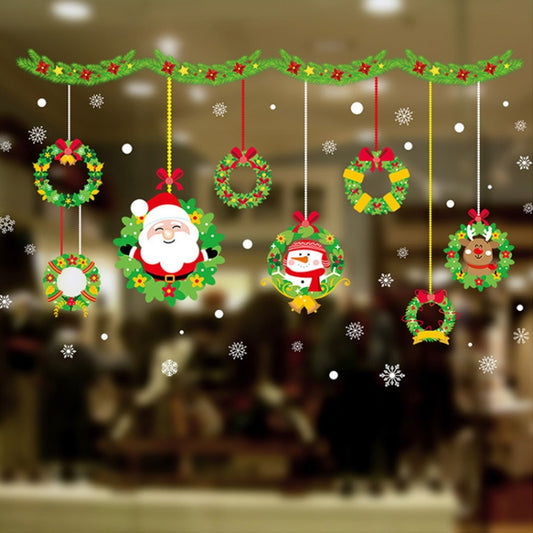 Christmas window sticker with wreaths, Santa faces, and hanging ornament baubles