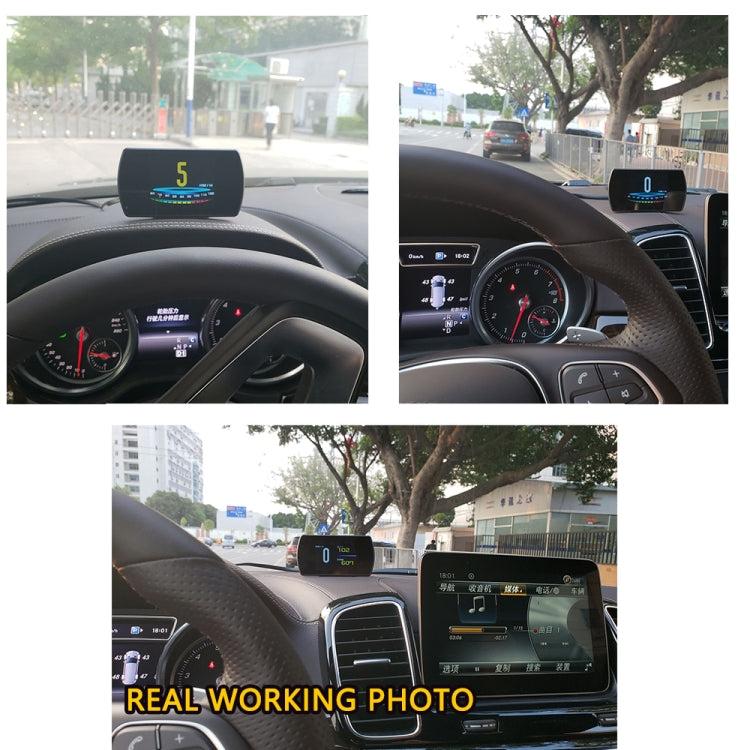 Car interior with HUD head-up display mounted on dashboard showing digital speed readout