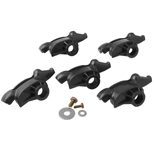 Five black tire demount heads with mounting holes and included screws, washers