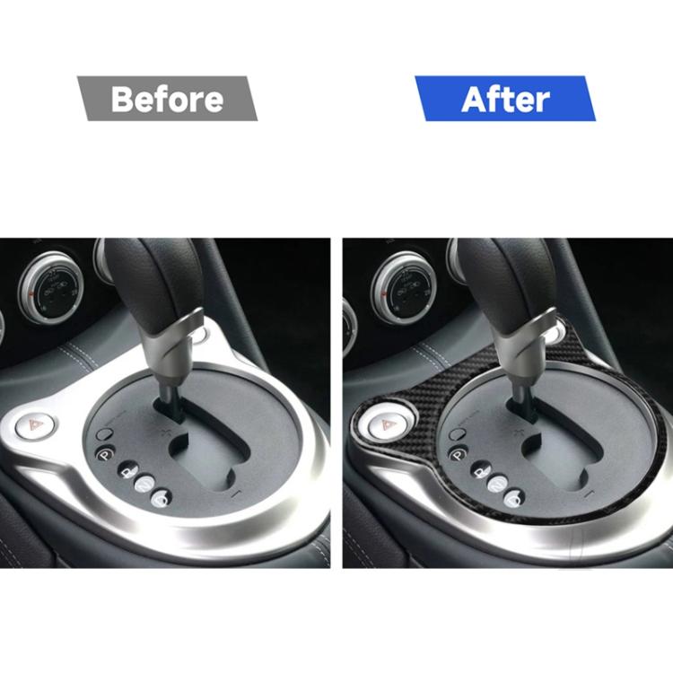 Before-and-after view of carbon fiber gear console trim sticker installed by shifter