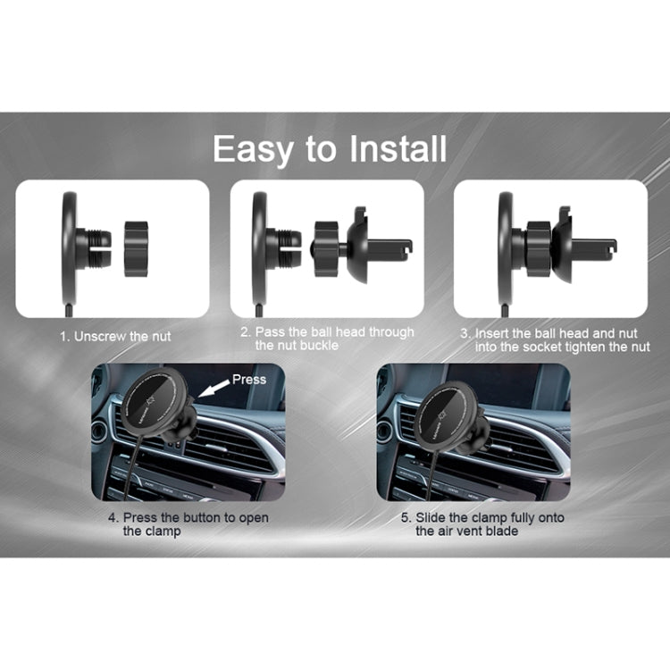 MagSafe car charger installation steps showing vent clamp and mounting ball
