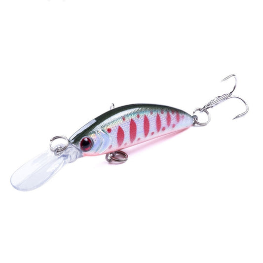 Colorful minnow-style fishing lure with clear lip and three treble hooks