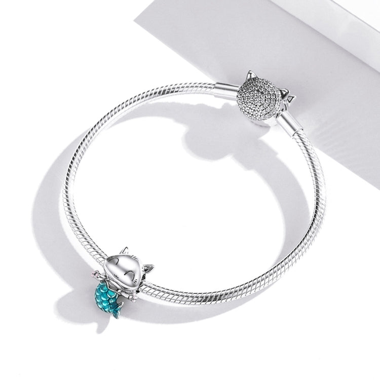 Snake-chain bracelet featuring sterling silver cat mermaid bead charms and turquoise tail