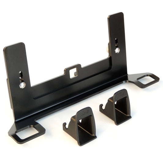 Black ISOFIX safety seat interface bracket with latch retainer and mounting tabs
