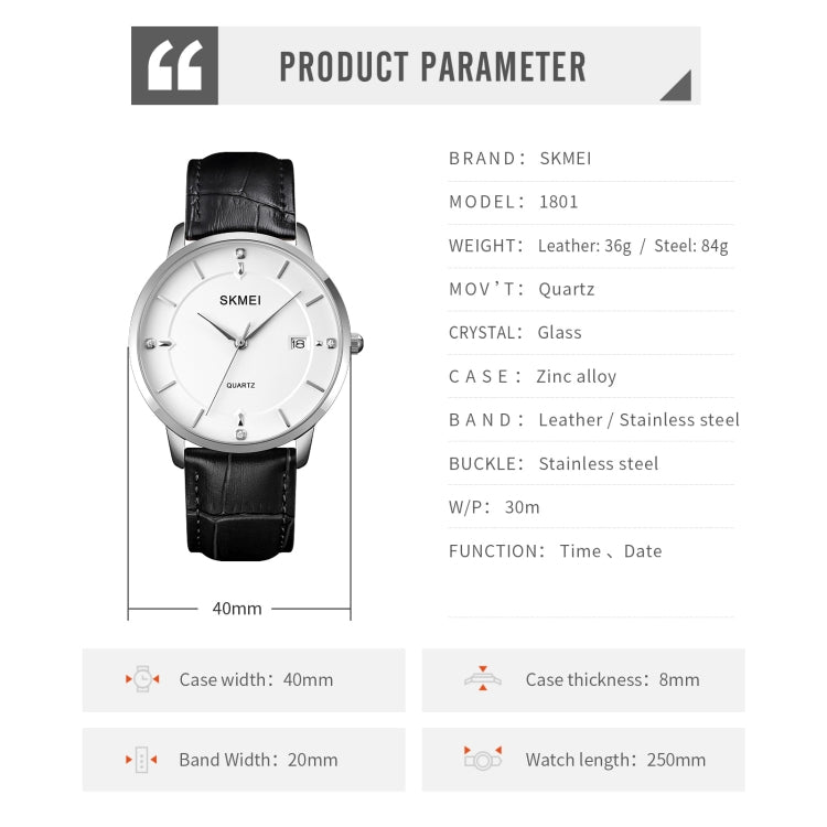 Men's quartz watch size and specs chart with black leather strap diagram