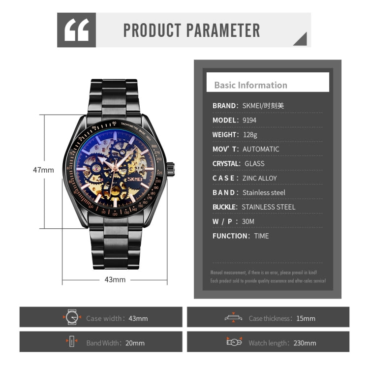 Men's automatic mechanical watch front view with blue dial, black metal bracelet