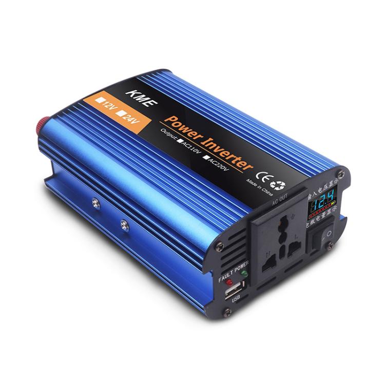 Blue power inverter with digital display, AC outlets, USB port, and side battery terminals