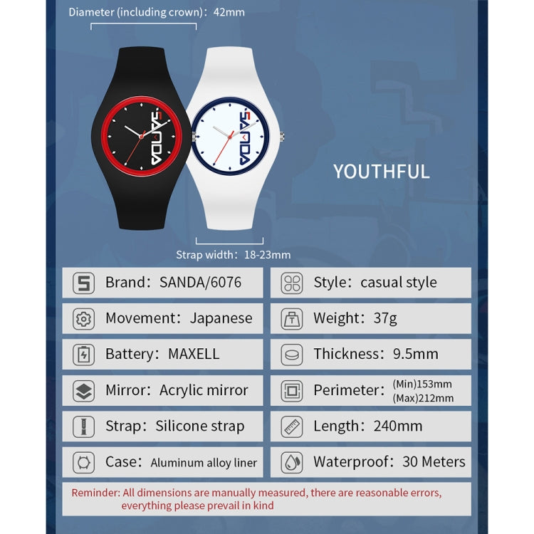 Women’s quartz watches, black and white silicone straps, round dials with size chart