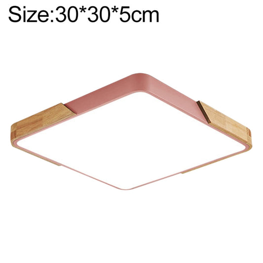 Square LED ceiling lamp with pink frame and wood side accents, 30cm.