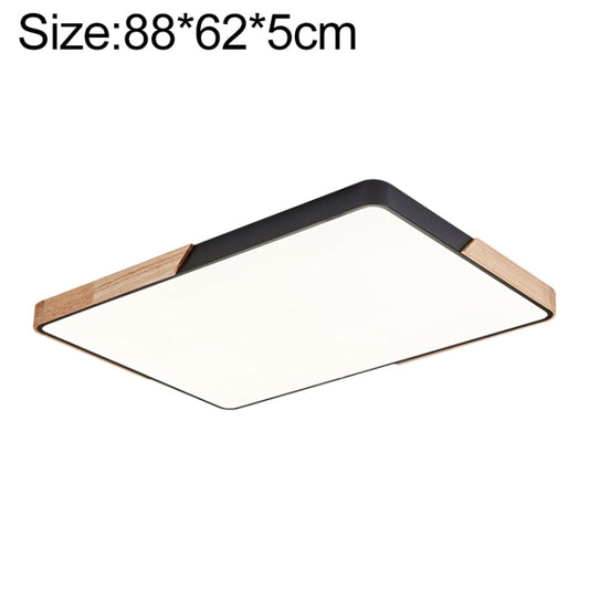 Rectangular LED ceiling lamp with dark frame, wood trim, and white acrylic light panel.