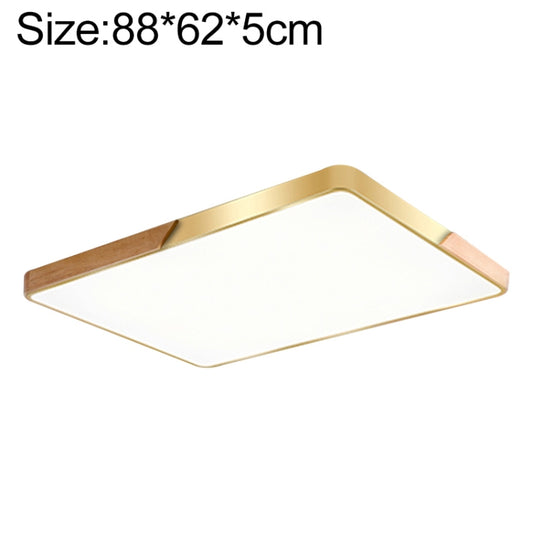 Rectangular LED ceiling lamp with gold frame, wood trim, and white acrylic light panel.