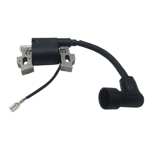 Lawn mower ignition coil with black cable, metal brackets, and spark plug boot