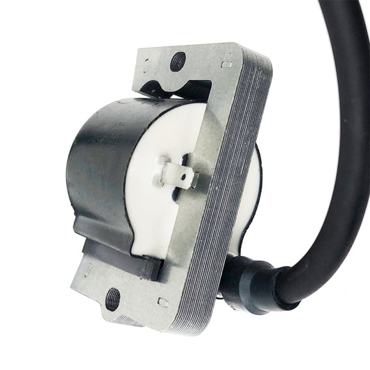 Ignition coil assembly with metal base, black round coil housing, cable attached