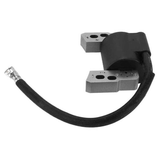 Lawn mower ignition coil with black wire and metal mounting brackets