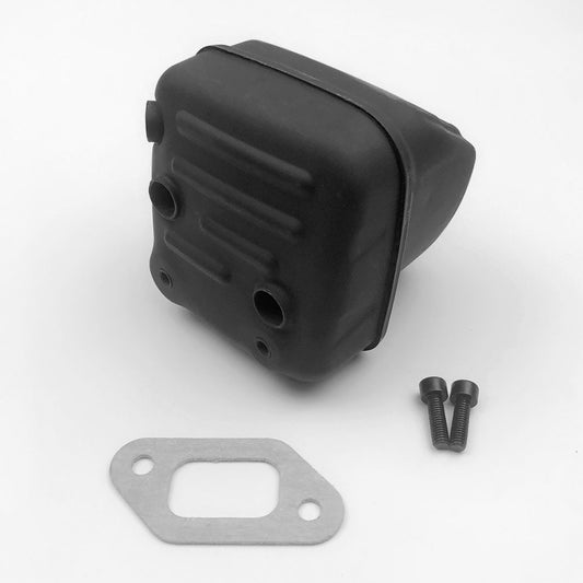 Chainsaw exhaust muffler cover with side ports, includes gasket and two mounting screws