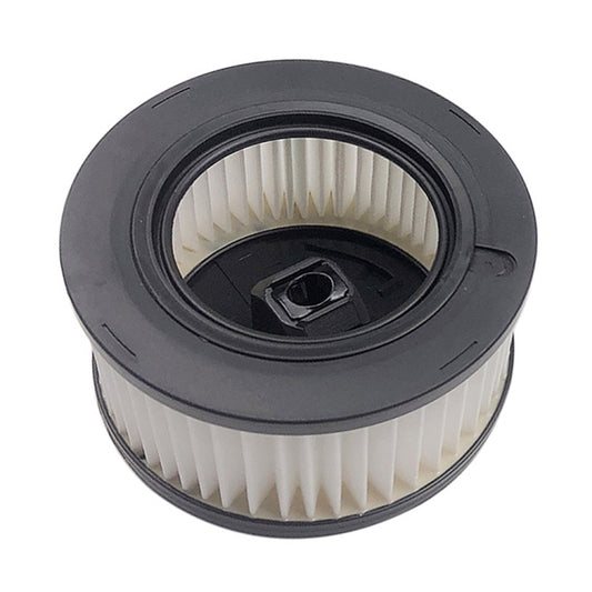 Round chainsaw air filter front view with black rim and pleated white paper