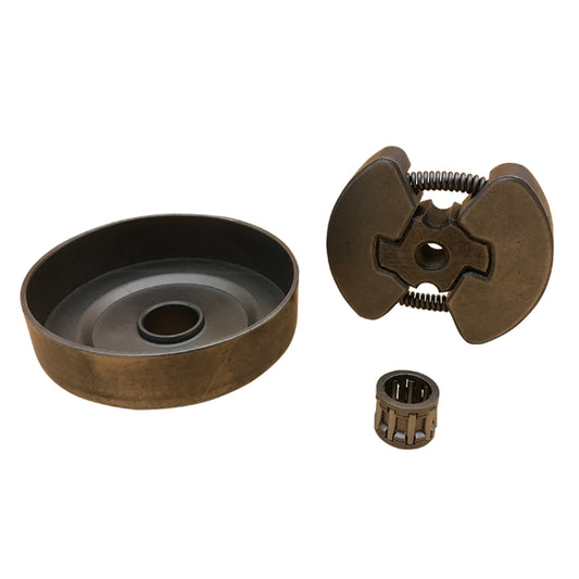 Chainsaw clutch passive disc with smaller bearing, round metal parts, brown and dark gray