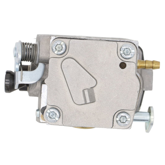 Chainsaw carburetor with rectangular cover and small valve lever, side view