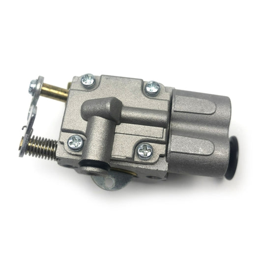 Chainsaw carburetor side view with adjustment screw, silver housing and black primer bulb