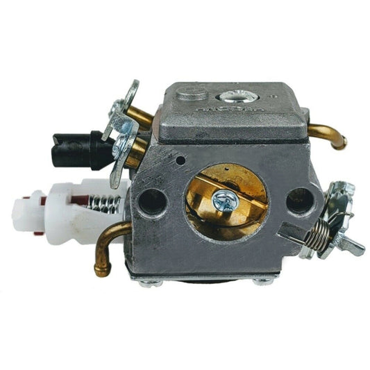 Chainsaw carburetor with metal housing and throttle/air ports, brass fittings