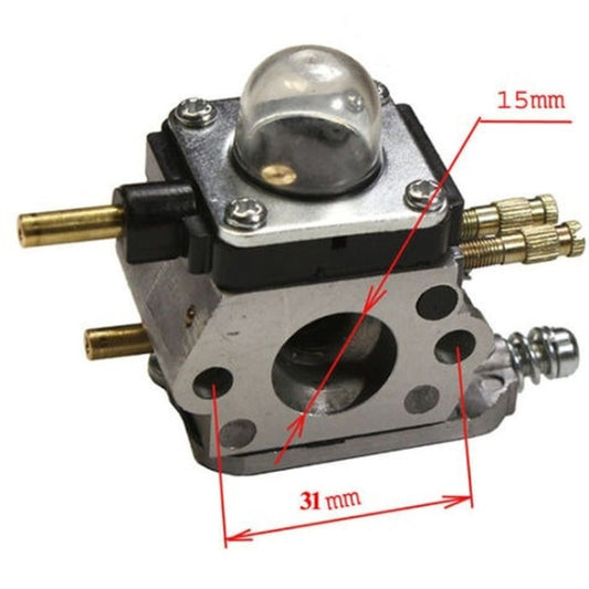 Chainsaw carburetor with primer bulb; marked 31 mm and 15 mm size