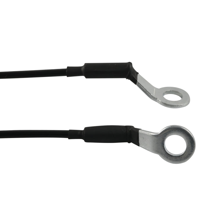 Black tailgate support cable with silver metal eye loops, close-up