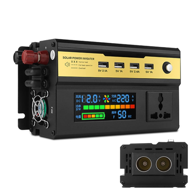 Car smart inverter with LCD screen and detachable accessory cover, black body and yellow label.