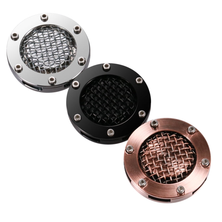 Motorcycle fuel tank cap set: silver, black, and bronze round mesh grille caps