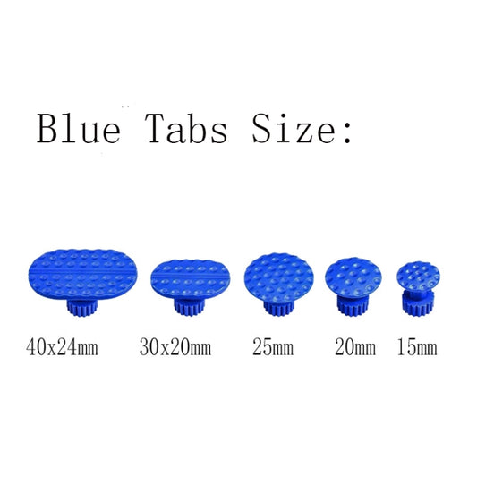 Set of five blue glue tabs for auto dent repair, various round sizes