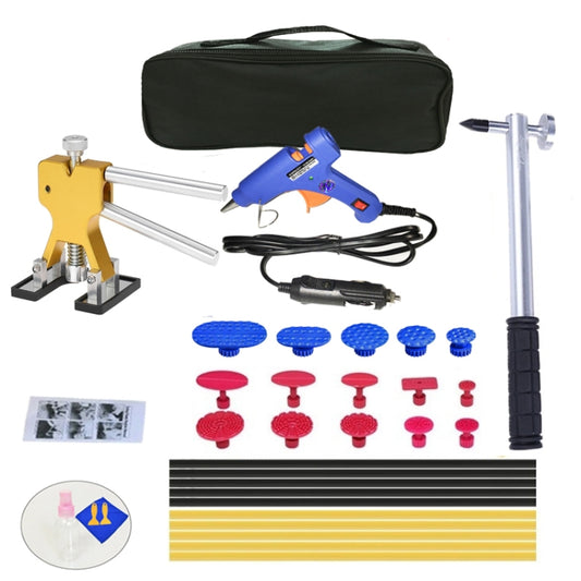 Car dent repair kit with blue glue gun, tabs, metal puller, rods, and storage case