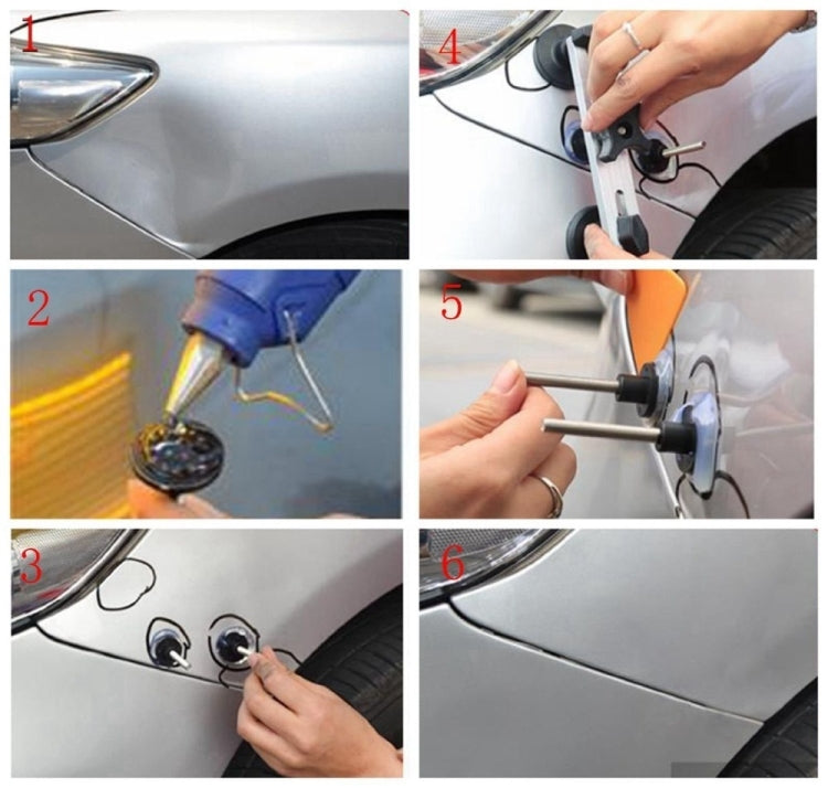 Paintless dent repair tool applying to a car panel with suction and pull point