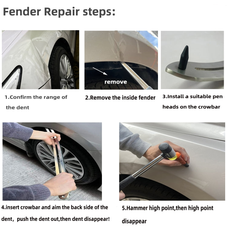 Fender dent repair tool set with crowbar and mallet on car panel