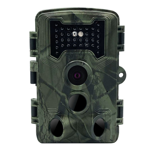 Camouflaged trail camera with front lens and infrared LED array