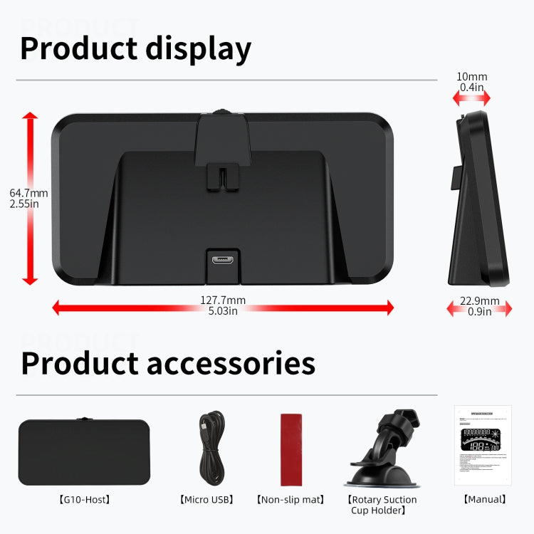 HUD display with mounting accessories shown: micro USB, non-slip pad, rotary suction