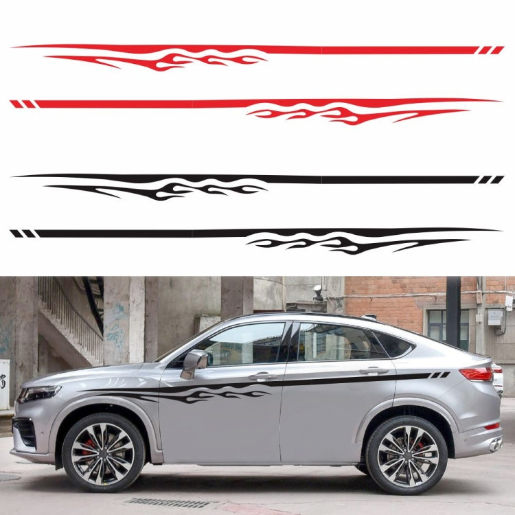 Set of 2 car flame-streak stickers, red and black stripes; shown on a silver SUV