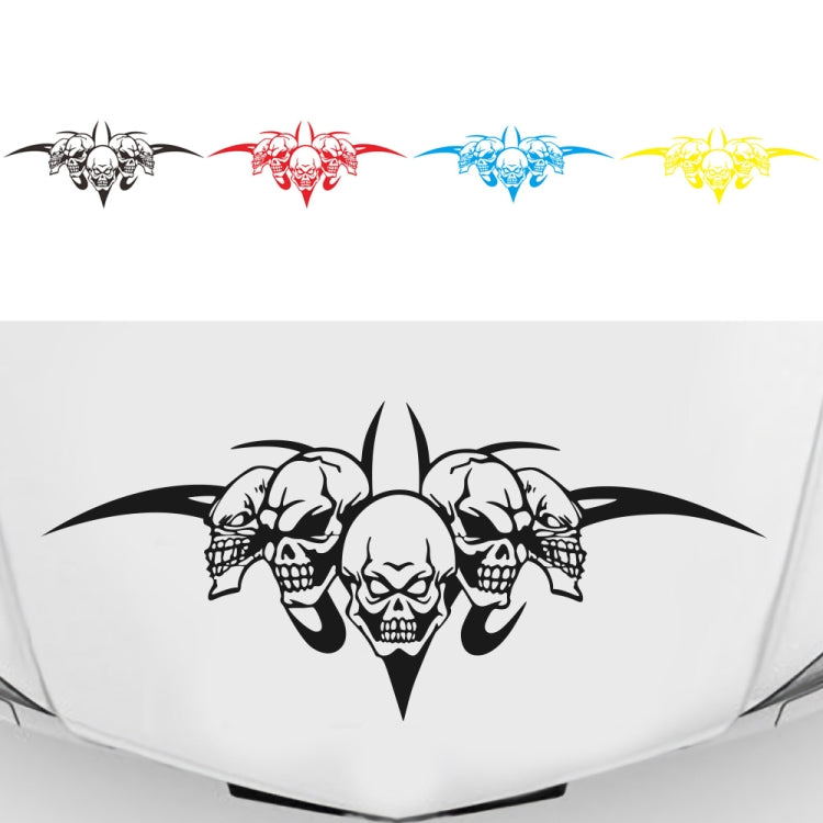 Car hood decorative sticker with black skull tri-figure graphic on white hood