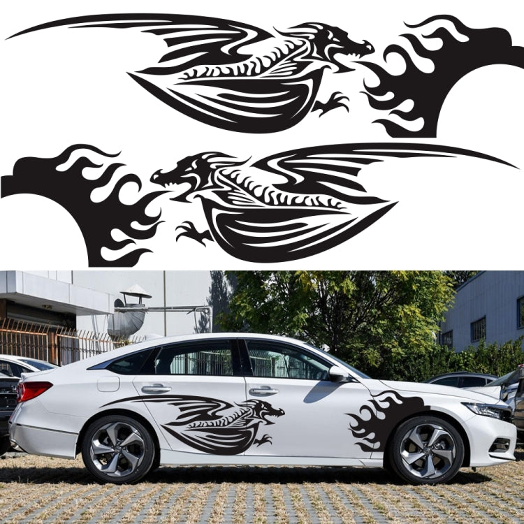 Car side decal set: winged dragon flame pattern in black on light-colored vehicle