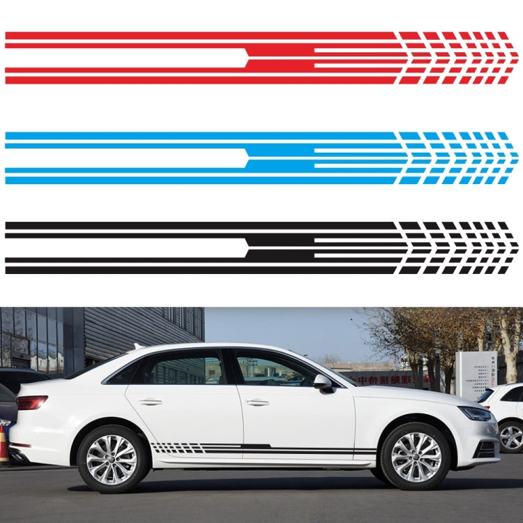 Red and blue stripe-pattern car side sticker set, shown on a white sedan