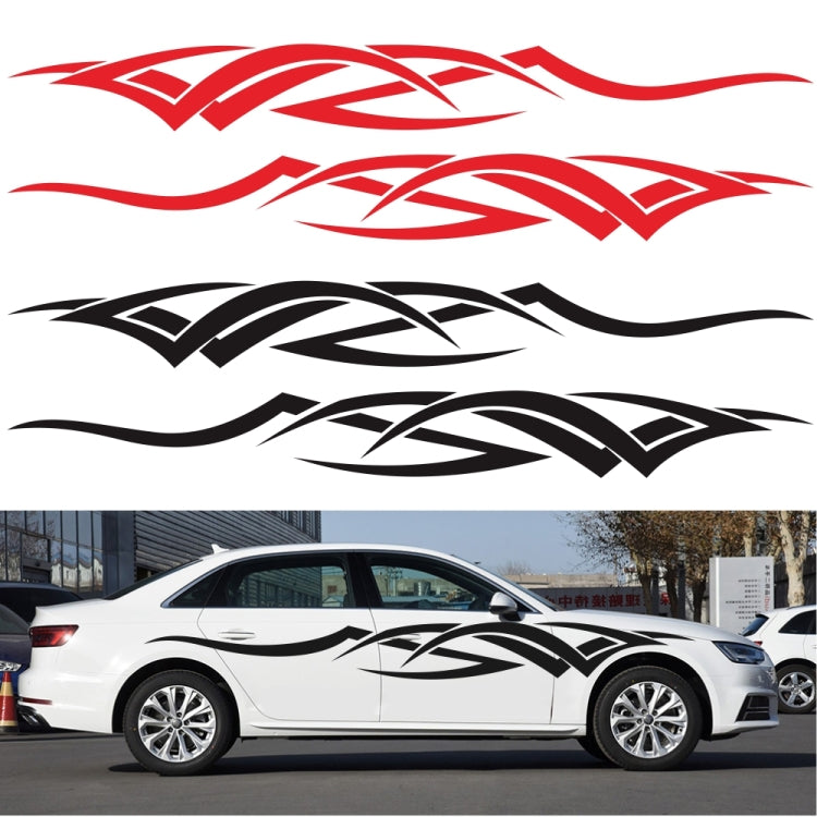 White car with red and black D-731 totem pattern side decal stickers, two-piece set.