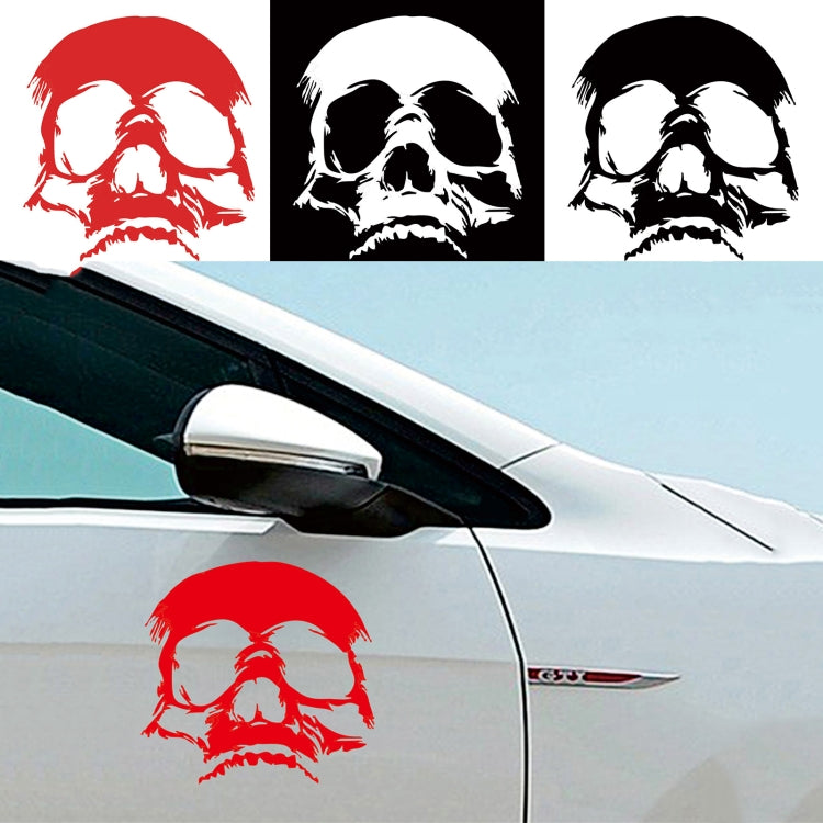 Set of evil skull decorative stickers: red and black skull decals with white highlights.
