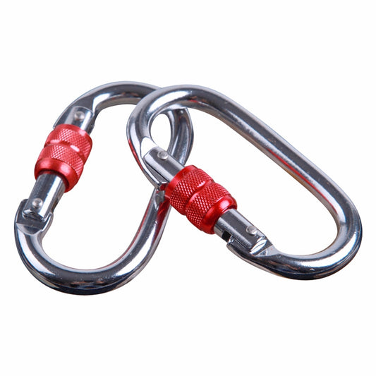 Metal carabiner clip set with red locking grips for aerial yoga