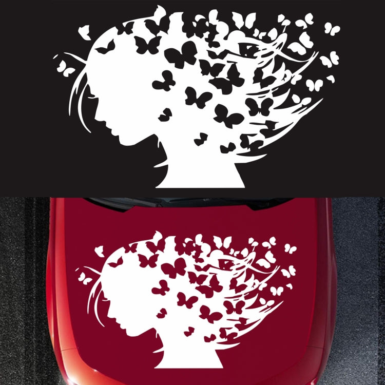 Butterfly girl decorative sticker, white silhouette on dark and red car hood