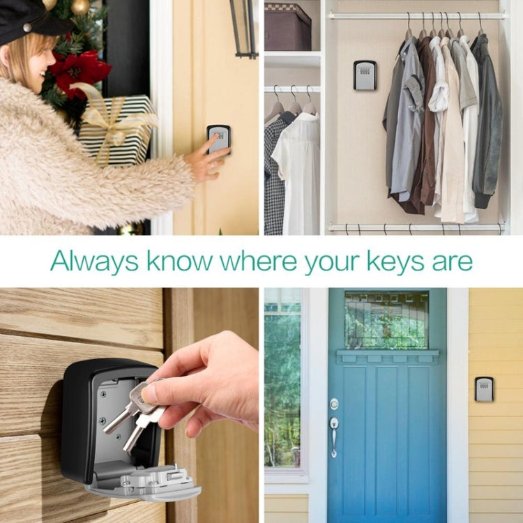 Black 4-digit key lockbox mounted on walls, hand using the key to open
