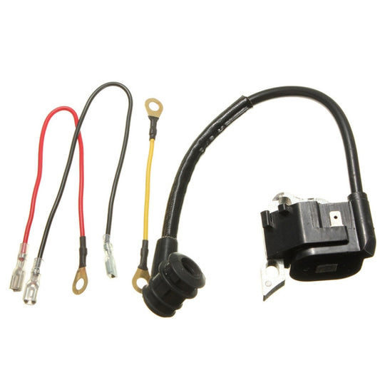 Ignition coil with black cable and wire harness, connectors and ring terminal