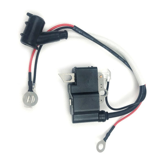 Ignition coil module with spark lead, metal terminals, and red/black wire connections